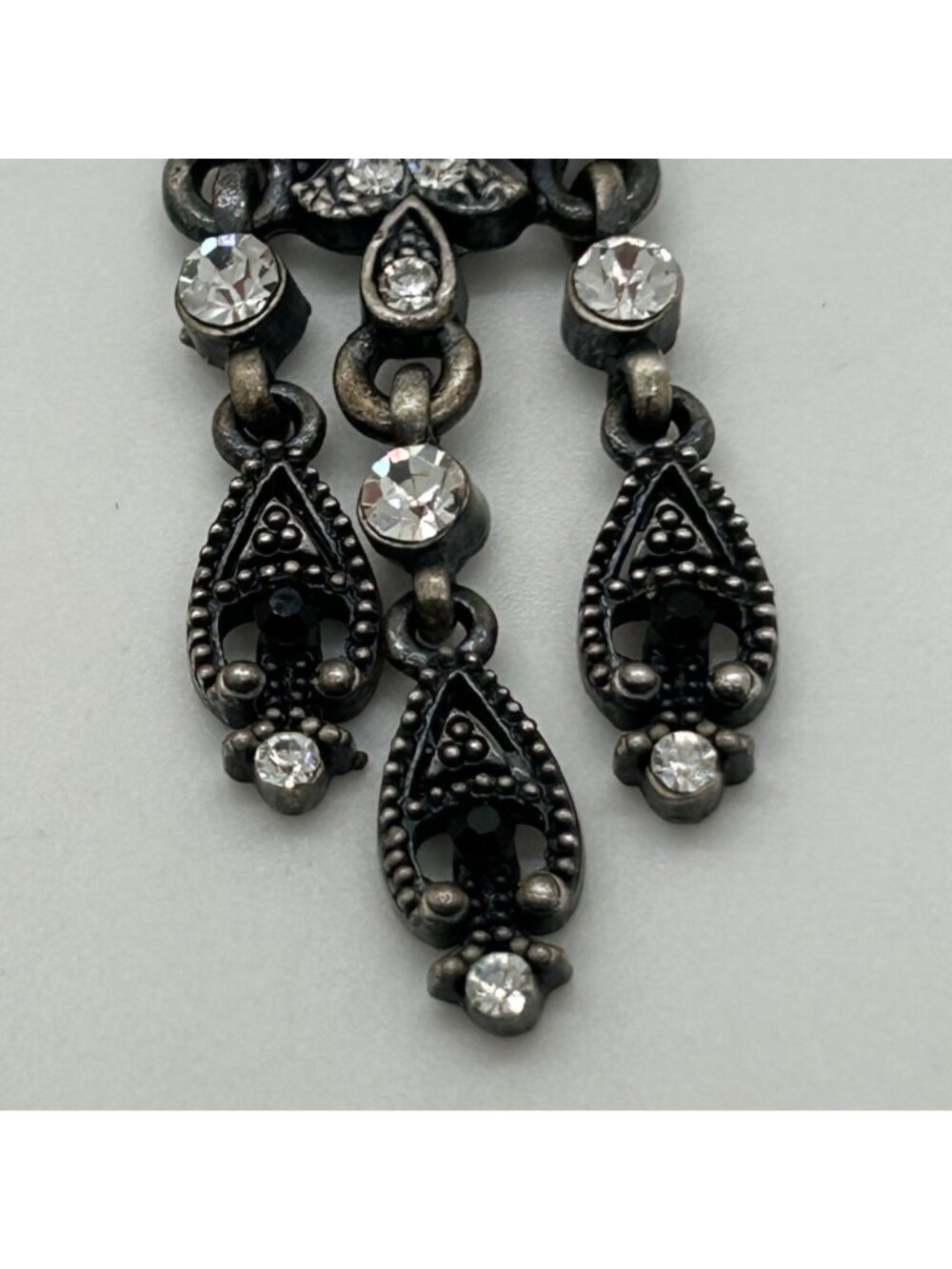 Gothic Chandelier Earrings Gunmetal Victorian Revival Black Rhinestone Statement - Picture 8 of 13